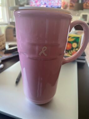 Pink Ceramic Travel Mug with breast cancer ribbon by Longaberger